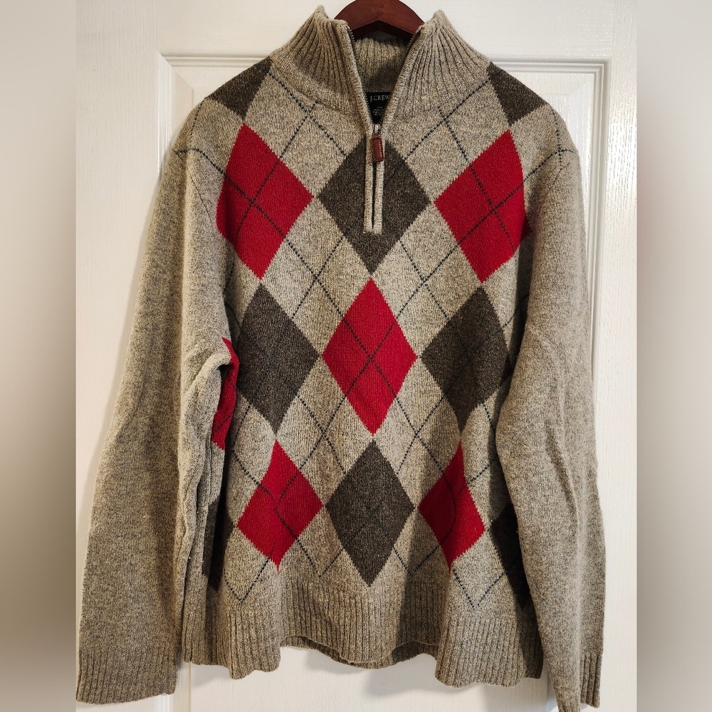 J. Crew Red Gray Lambs Wool Argyle Quarter Zip-Up Sweater - Size XL